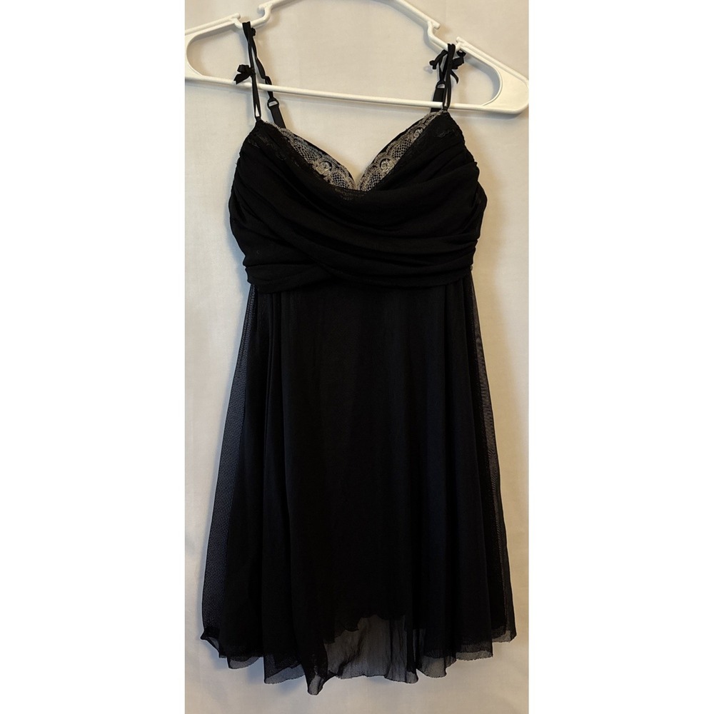 Y2K Ambrielle Black Chemise Babydoll Micro Mesh Overlay Slip Dress Emb Bodice S